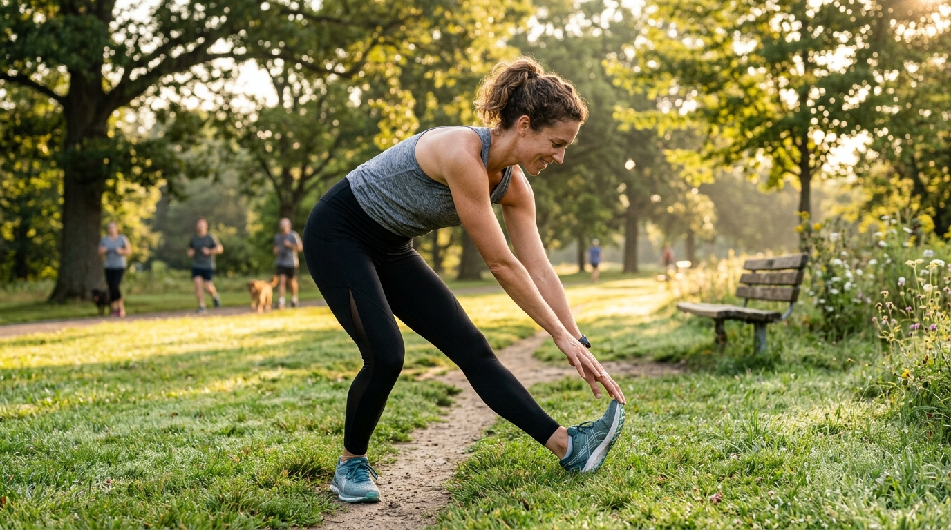 Aktív nő reggeli nyújtó gyakorlatokat végez a parkban